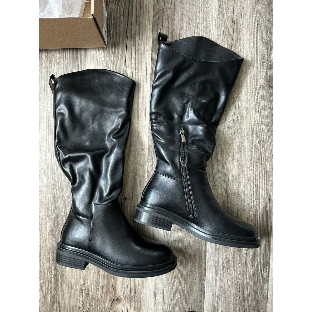 NIB Women’s Black Riding Boots Wide Calf Faux Leather Knee High Size 7.5